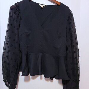 PEACH BLACK PEPLUM BLOUSE -CHIFFON SLEEVES CHENILLE DOTS FEMININE FIT (SIZE  L)